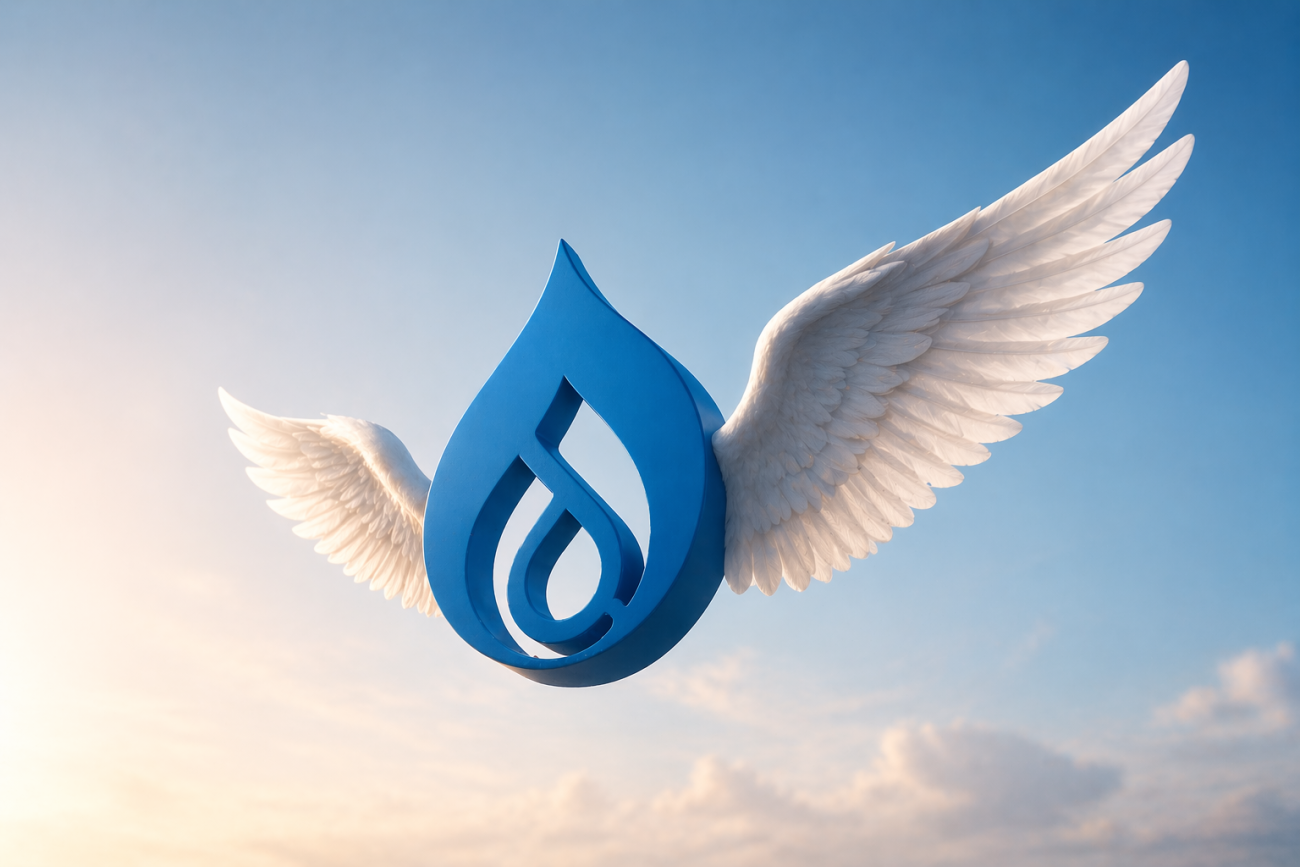 Logo Drupal bleu avec des ailes dans un ciel